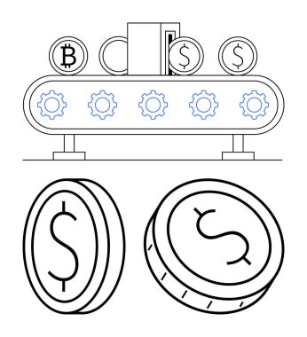 Bitcoin ve dolar sikkeleri üreten dişli fabrika taşıma bandı. Aşağıdaki madeni paralara yakın çekim. Finans, kripto para birimi, sanayi, ekonomi, otomasyon, yatırım ve dijital için ideal