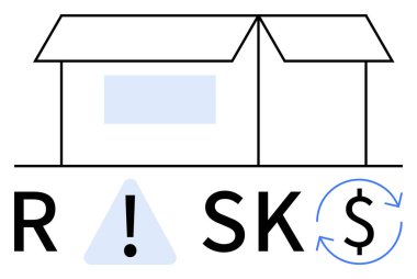 Open box with RISK text using exclamation mark, dollar sign with arrows indicating financial risk management. Ideal for business strategy, investment, insurance, logistics, security, finance clipart