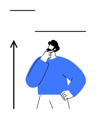 İşadamı elleri çenesinde, mavi bir gömlek giyiyor. Yukarı ok büyümeyi, ilerlemeyi ve yeniliği simgeler. İş için ideal, yaratıcılık, problem çözme, strateji planlaması