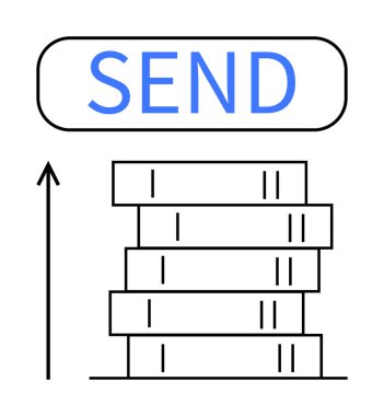 Ok yığını, SEND düğmesi mavi ışıklı veri iletimi, dijital verimlilik, iletişim berraklığı. Teknoloji, iletişim, veri yönetimi, dijital çözümler, iş akışı için ideal