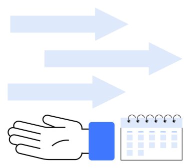 El, takvim ve üç mavi ok ileri doğru hareket ettiğini gösteriyor. Planlama, planlama, ilerleme, teslim tarihleri, organizasyon zamanı yönetimi verimliliği için ideal. Satır metaforu