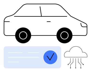 Mavi daireli işaretli araba ana hatları ve devreli bulut simgesi. Akıllı otomotiv sistemleri, araç güvenliği, ulaşım, bulut bağlantısı, teknoloji entegrasyonu için ideal