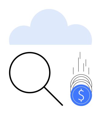 Büyüteç, bulutun altında düşen madeni paraları inceliyor, finansal analizi, yatırımı ve teknolojiyi sembolize ediyor. Finans, bulut hesaplama, analitik, yatırımlar ve fintech için ideal