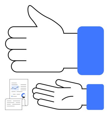 Başparmaklar yukarı, el açık, dosyalar ve metin ile doküman. Geri bildirim, anlaşma, iletişim, etkileşim, onay işi ve öğrenme için ideal. Satır metaforu