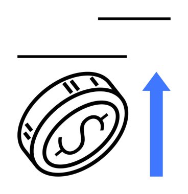 Yükselen mavi bir okun yanında bir dolar işareti olan bozuk para. Ekonomik büyüme, yatırım, mali ilerleme, iş başarısı, kar artışı, borsa eğilimleri, zenginlik için ideal