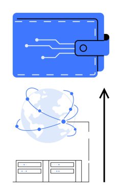 Yörüngedeki sunucuları olan cüzdan küresi. Finans, teknoloji, kripto para birimi, dijital ticaret, küresel bağlantı, veri yönetimi, yenilik için idealdir. Satır metaforu