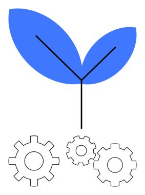 Yaprak ikonu birbirine kenetlenmiş üç dişlinin üzerinde, doğa ve teknoloji arasındaki uyumu sembolize ediyor. Sürdürülebilirlik, yeşil enerji, yenilik, çevre teknolojisi, çevre dostu