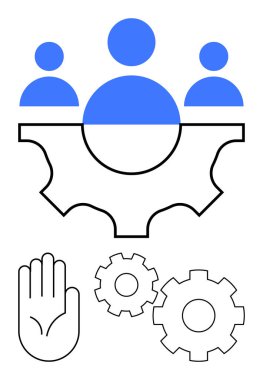 Büyük bir dişlinin üzerinde üç mavi insan figürü, bitişik el ve küçük vitesler işbirliğini, problem çözmeyi, yeniliği, verimliliği ve yönetimi sembolize ediyor. İş ve takım çalışması için ideal.