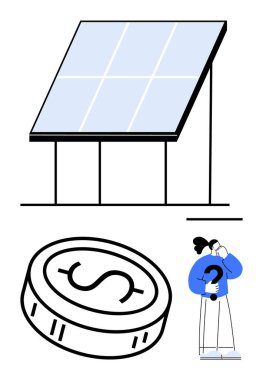 Üç ayaklı güneş paneli, bir dolarlık bozuk para, soru işareti tutan biri. Enerji, finans, sürdürülebilirlik, yatırımlar, karar verici yenilenebilir kaynaklar ve yenilikler için idealdir. Çizgi