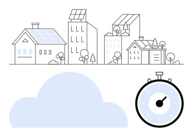 Güneş panelleri evler, ofis binaları, ağaçlar, büyük bulut ve kronometre enerji verimliliği ve sürdürülebilirliği kolaylaştırıyor. Yenilenebilir enerji, kentsel planlama, eko-yaşam, zaman yönetimi için ideal