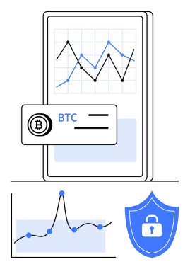 BTC eğilimlerini ve grafiklerini gösteren akıllı telefon. Kalkan güvenliği simgeler. Kripto analistleri, yatırımcılar, güvenlik uzmanları, finans eğitimi, teknoloji geliştiricileri, uygulama tasarımcıları, engelleme zinciri için ideal