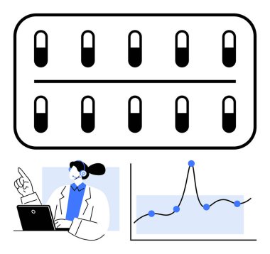 Kulaklık takmış su toplayan kapsüllerde dizüstü bilgisayarlı ve düğümlü grafikler kullanılıyor. Tıbbi, ilaç, sağlık, teknoloji, veri analizi, iletişim, dijital sağlık için idealdir. Çizgi