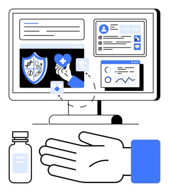 İçinde tıbbi veriler, hasta profili ve analiz bulunan bilgisayar ekranı şişeyle uzatılmış bir el. Sağlık, teknoloji, teletıp, hasta bakımı, tıbbi teşhisler, veri yönetimi için ideal