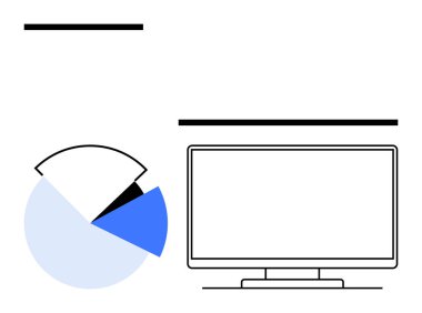 Mavi, beyaz ve siyah bölümlü turta grafiği. Boş ekranlı bitişik bilgisayar monitörü. Veri analizi, sunumlar, iş raporları, bilgi grafikleri ve eğitim için ideal