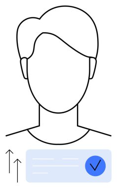 Bir insanın kafası ve üst omuzları, iki yukarı doğru ok ve dikdörtgen üzerinde mavi bir işaret. Kariyer büyümesi, başarı, terfi, onay, gelişme, kişisel ilerleme için ideal