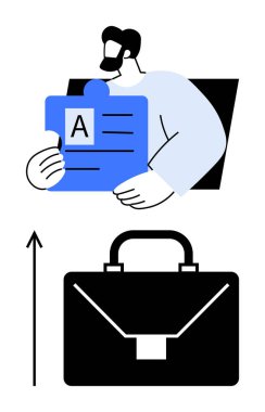 Üzerinde yukarı doğru ok olan mavi bir evrak çantası tutan kişi. İş için ideal, kariyer büyümesi, fırsat, profesyonellik, istihdam, başarı, kalkınma. Satır metaforu