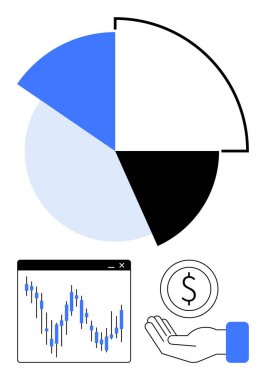 Pasta grafiği, borsa grafiği ve yardım eli ile dolar sembolü. Mali analiz, ekonomik raporlar, yatırım stratejileri, piyasa araştırmaları, iş sunumları, yardım fonu için ideal