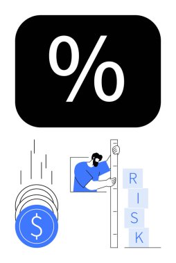 Yüzdelik sembolü, düşen paralar yüzeye çarpıyor, RISK bloklarını ölçüyor. Finans, yatırım, faiz oranları, risk yönetimi, ekonomik analiz tasarruf bankacılığı için ideal. Satır metaforu