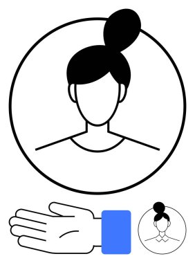 Çemberin içinde çörek saç stili olan kadın avatarı, mavi bileklik ile uzanan el, ikincil daha küçük ikon. Profil, sosyal medya, uygulamalar, kullanıcı arayüzleri, avatarlar, iletişim için ideal