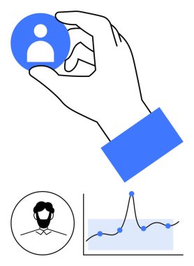 El ele tutuşan kullanıcı simgesi profili çizelgesi. Pazarlama, analitik, kullanıcı verileri, trendler, karar verme süreci, dijital büyüme ve strateji için idealdir. Satır metaforu