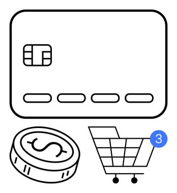 Credit card, coin, and shopping cart with notification. Ideal for e-commerce, online shopping, digital payments, finance, budgeting customer service financial transactions. Line metaphor clipart