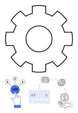 Büyük teçhizat işlemleri simgeler, parmak basma düğmesine basma, para birimi paraları, kredi kartı ve dolar parasıyla el. Finans, İK, yönetim, işletim otomasyon verimliliği için ideal