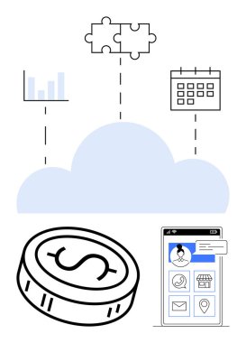 Madeni parayı birleştiren bulut, analiz grafiği, takvim, bulmaca parçası, mobil uygulama. İş stratejisi, bulut hesaplama, finansman, proje yönetimi tekniklerinin dijital çözümleri için ideal
