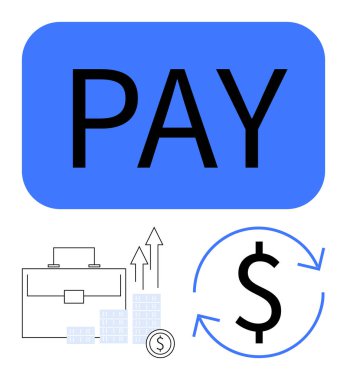 Ödeme tuşu, yuvarlak oklu dolar işareti, evrak çantası, oklarla yükselen bar grafiği. Finans, ödeme işlemleri, yatırım büyümesi, iş planlaması, bütçe hesaplaması için ideal