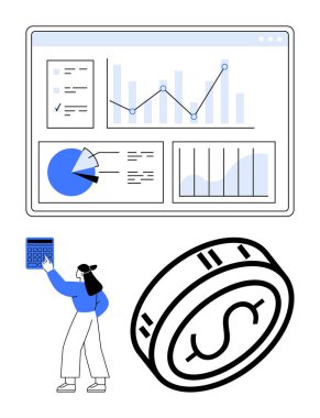 İş kadını, mali verileri, pasta grafiklerini ve çizgi grafiklerini gösteren büyük bir ekranın altında hesap makinesi kullanıyor. Finans, iş analizi, yatırım planlama ve muhasebe için ideal