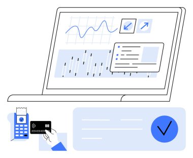 Ödeme terminalinde kredi kartı, veri analizi grafikleri ve finansal konsolu gösteren dizüstü bilgisayar kullanımı. Dijital ödemeler, iş analizleri, finans teknolojisi, e-ticaret, çevrimiçi için ideal