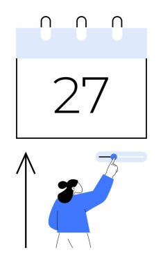 Person pointing at a date on a calendar with an upward arrow, indicating scheduling or planning change. Ideal for time management, deadlines, productivity, organization, goal setting, reminders clipart