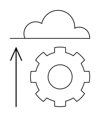 Çizgi, yukarı doğru ok ve dişli dişli bulut bulut teknolojisi, veri yüklemesi ve sistem entegrasyonuna işaret ediyor. Bulut hesaplama, bilişim hizmetleri, teknoloji ve ağ verileri için ideal