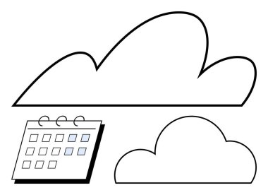 Büyük bulut çizgisi ve takvimin yanında daha küçük bulut. Bulut hesaplama, veri depolama, dosya paylaşımı, internet hizmetleri, teknoloji planlaması, dijital takvimler, çevrimiçi programlama için ideal. Çizgi