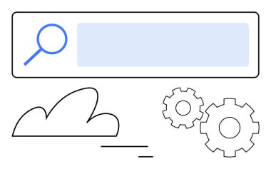 Arama çubuğunda büyüteç, bulut ve vites çevrimiçi arama, bulut hesaplama ve işlevselliği sembolize ediyor. Web, v09 geliştirme, SEO, İnternet taraması, teknik destek veritabanı yönetimi için ideal