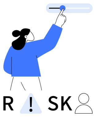 Person adjusting a slider with a finger, indicating risk level. Features caution symbol and user icon below. Ideal for risk management, business strategy, finance, safety protocols, decision-making clipart