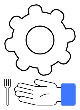 Çarklar makineleri sembolize eder, el yardımı temsil eder, çatal yiyecek veya servisi gösterir. Takım çalışması, verimlilik, hizmet sektörü, konukseverlik, mutfak işbirliği verimliliği için ideal. Çizgi