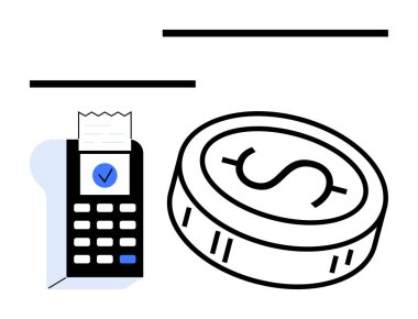 Faturalı ödeme terminali ve güvenli ödeme işlemlerini sembolize eden dolar parası. Fintech, e-ticaret, bankacılık, perakende, işlem güvenliği, modern finans, iş endüstrileri için ideal. Çizgi