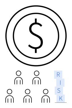 Dolar işareti, insan simgeleri, risk engelleri mali kararları, yatırım stratejilerini, varlık yönetimini, ekonomik analizi, piyasa analizini, maliyet değerlendirmesini temsil ediyor. İş ve finans için ideal