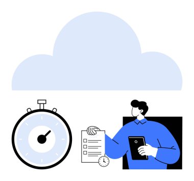 Kronometre, bulut ve kontrol listesi ve tableti olan kişi zaman yönetimi, görev önceliği ve dijital verimliliği tasvir ediyor. Üretkenlik, verimlilik, iş akışı yönetimi ve bulut hesaplama için ideal