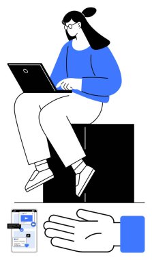 Gözlüklü kadın otururken dizüstü bilgisayar kullanır. Aşağıda, dijital içeriği gösteren akıllı telefonu tutan bir el, görünür başka bir el hareketi. Teknoloji, iletişim, dijital etkileşim ve uzaktan kumanda için ideal