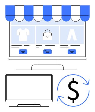 Çevrimiçi mağaza düzeni alışveriş arabası simgeleri ve para birimi sembolleriyle birlikte masaüstünde görüntülendi. E-ticaret, çevrimiçi perakende, alışveriş, dijital pazarlama, web tasarımı, fintech