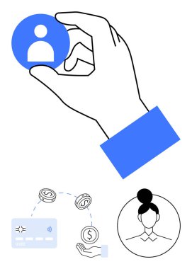 Kullanıcı profili ikonu, kredi kartı, oklu dolar ve kadın avatarı. Ağ oluşturma, finans hizmetleri, e-ticaret, kimlik doğrulama, sosyal medya dijital işlemleri için ideal