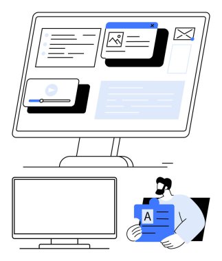 Multimedya, e-posta ve uygulama pencereli büyük dijital ekran, elinde tablet olan kişi. Dijital çalışma alanı, uzak çalışma, üretkenlik, teknolojik yenilik, verimlilik multimedya için ideal