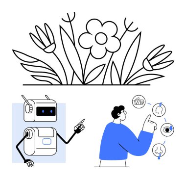 Çiçekler ve robot işaretleri, insan etkileşimi simgeleri bırakıyor. Teknoloji, doğa, yenilik, insan etkileşimi, yapay zeka, eğitim ve botanik temalar için idealdir. Satır metaforu