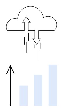 İki oklu bulut simgesi bir çubuk grafiğinin üstüne yükle ve yukarı doğru büyümeyi gösteren bir ok indir. Teknoloji, veri, iş, finans, yenilik, dijital strateji ve bulut hizmetleri için ideal. Çizgi