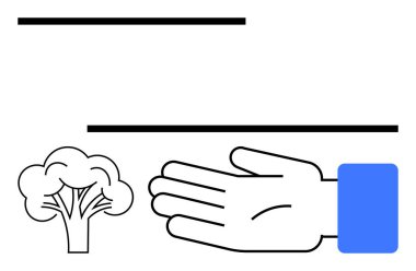 Altında ve üstünde iki paralel çizgi olan bir ağacın yanında elini aç. Doğa, büyüme, yardım, destek, cömertlik, sürdürülebilirlik, minimalizm için idealdir. Satır metaforu