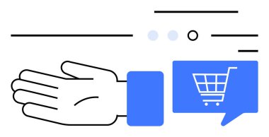 El, alışveriş arabası ikonu ve minimalist çizgilerle mavi bir konuşma balonuna doğru uzanıyor. E-ticaret, çevrimiçi alışveriş, perakende satış, dijital pazarlama, kullanıcı etkileşimi, iletişim, modern