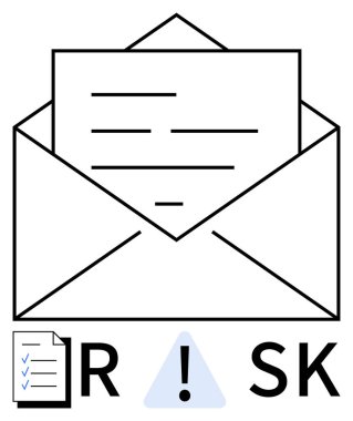 Açık zarf metin satırları ile belgeyi ortaya çıkarıyor. Aşağıda, RISK kelimesi bir kontrol listesi ve uyarı sembolü ile vurgulanmıştır. İletişim, uyarı, güvenlik, iş, eğitim ve risk için ideal