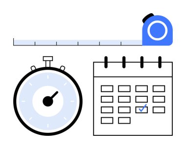 Kronometre ve takvimi ölçüyorum. Zaman yönetimi, verimlilik, programlama, organizasyon, teslim tarihleri, verimlilik ve planlama hattı metaforu için ideal
