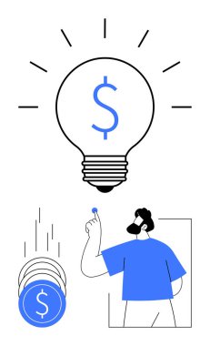 Bozuk para tutan adam, dolar işaretli ampulü yakan adam ve bozuk paralar düşüyor. Finans, yatırım, tasarruf, yenilik, girişimcilik işletme büyüme fikri üretimi için idealdir. Satır metaforu